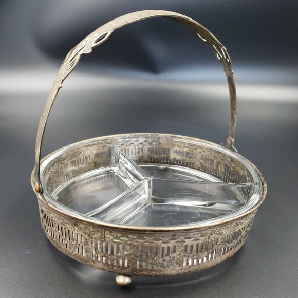 Art Nouveau Divided Glass Bowl with Distressed Silver Plate Holder Candy Snacks - Picture 10 of 16